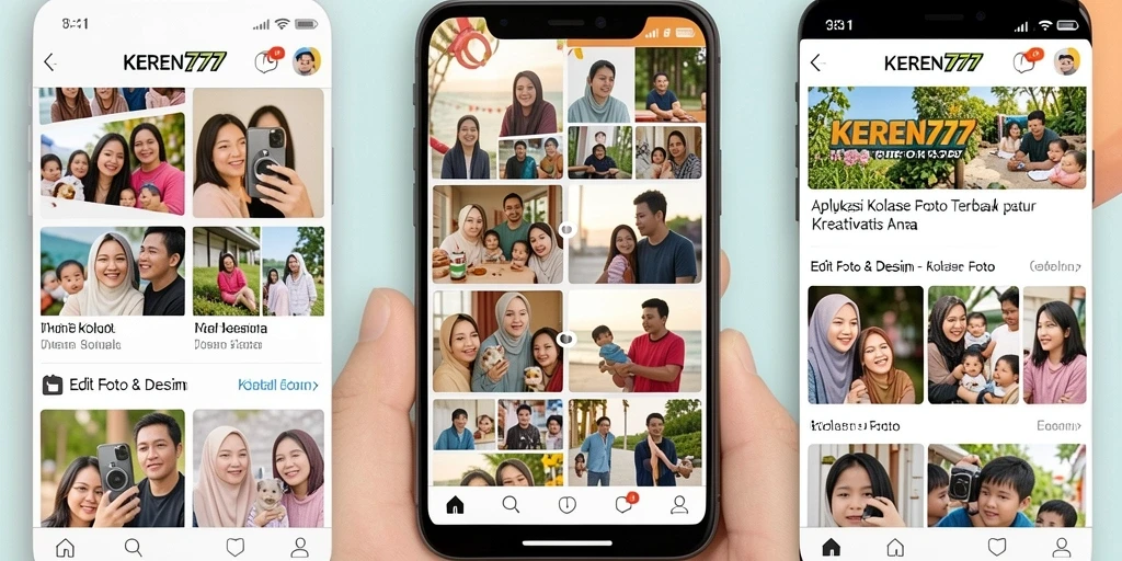Antarmuka aplikasi KEREN777 untuk membuat kolase foto yang kreatif.