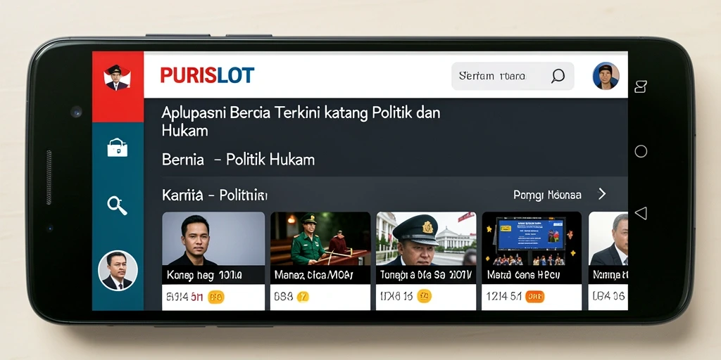 Antarmuka aplikasi PURISLOT menampilkan berita politik dan hukum yang terupdate.
